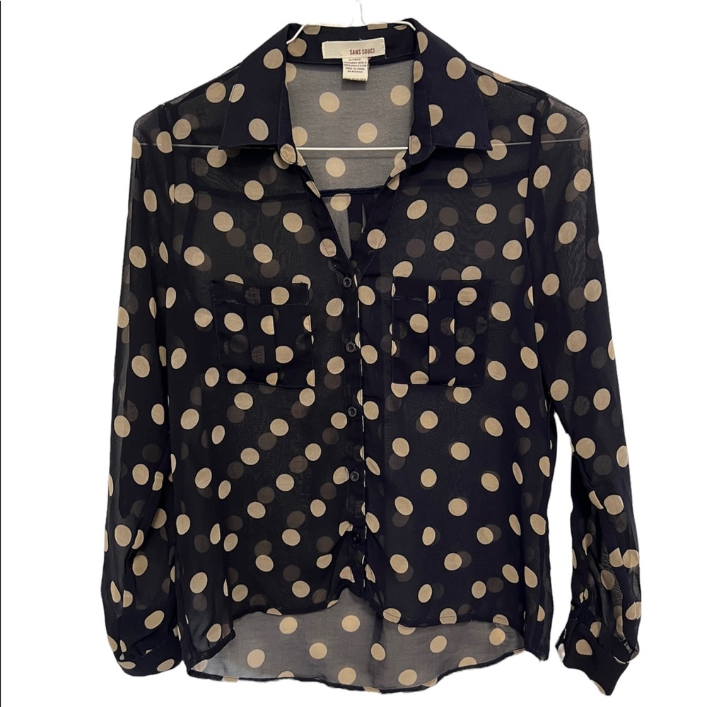 Sheer Navy Polka Dot Collared Blouse